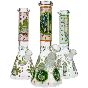 HILLSIDE GLASS 10" GLOW RICK AND MORTY GRAPHIC BEAKER BONG, ASSORTED GRAPHICS